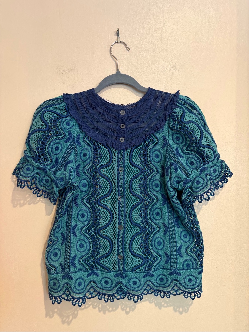 Sea New York Teal & Blue Crochet Button Up Blouse, Beautifully Vintage Inspired